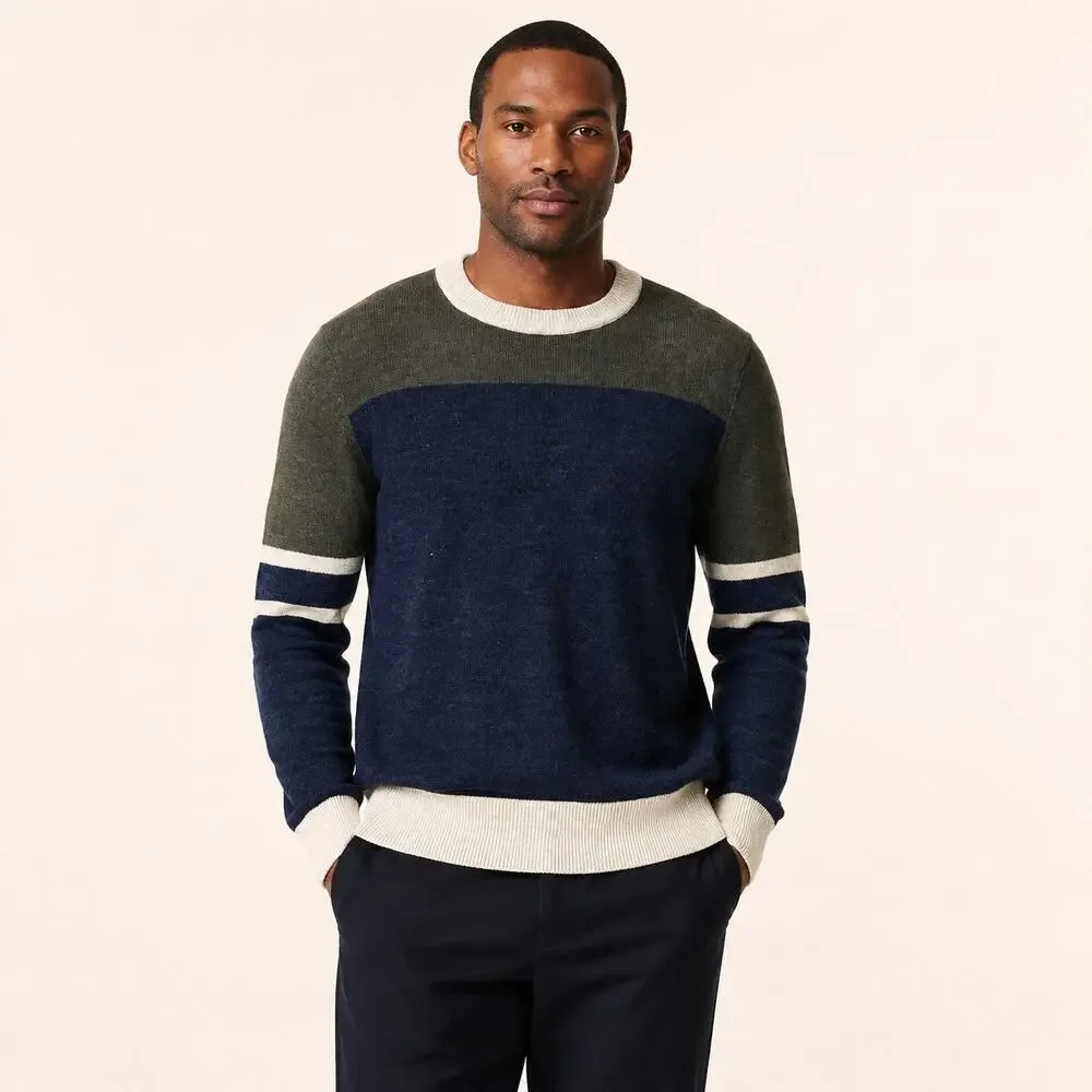 J.Crew Jeans Sweater MENS M Navy Green Stripe Cotton Wool Crewneck Heritage Prep